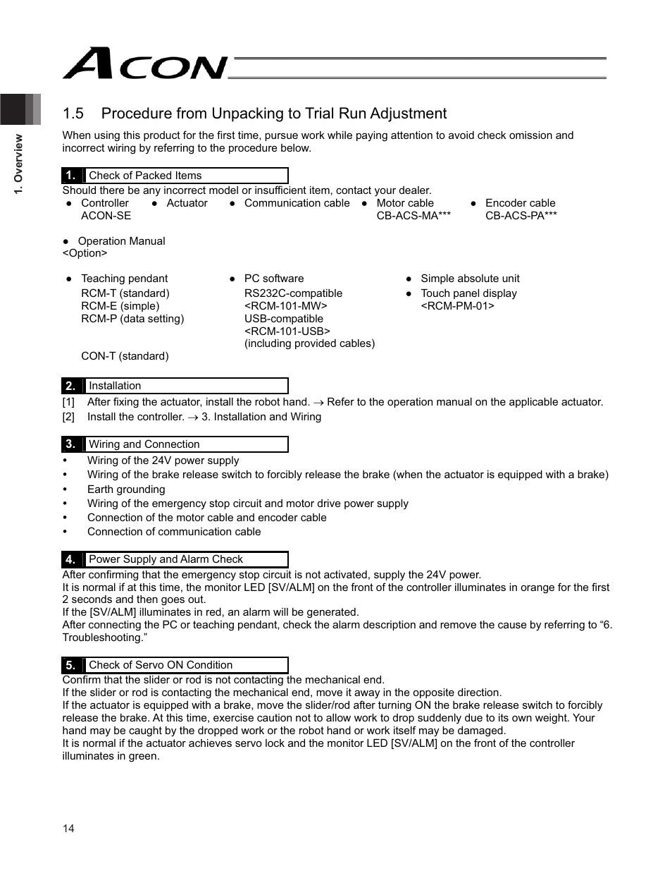 5 procedure from unpacking to trial run adjustment | IAI America ACON-SE User Manual | Page 24 / 136