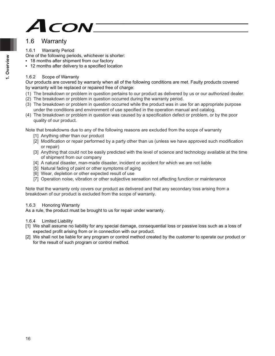 6 warranty | IAI America ACON-SE User Manual | Page 26 / 136