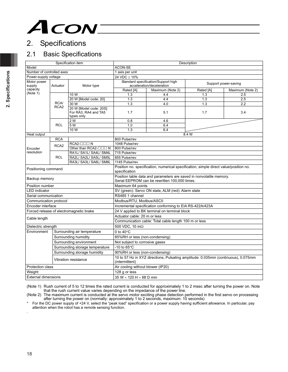 Specifications, 1 basic specifications | IAI America ACON-SE User Manual | Page 28 / 136