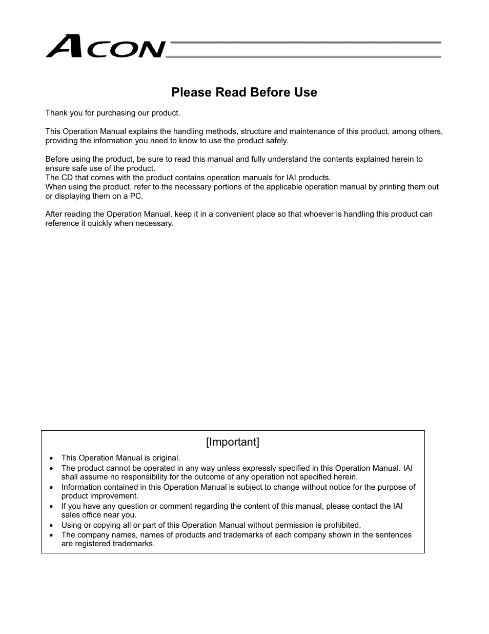 Please read before use, Important | IAI America ACON-SE User Manual | Page 3 / 136