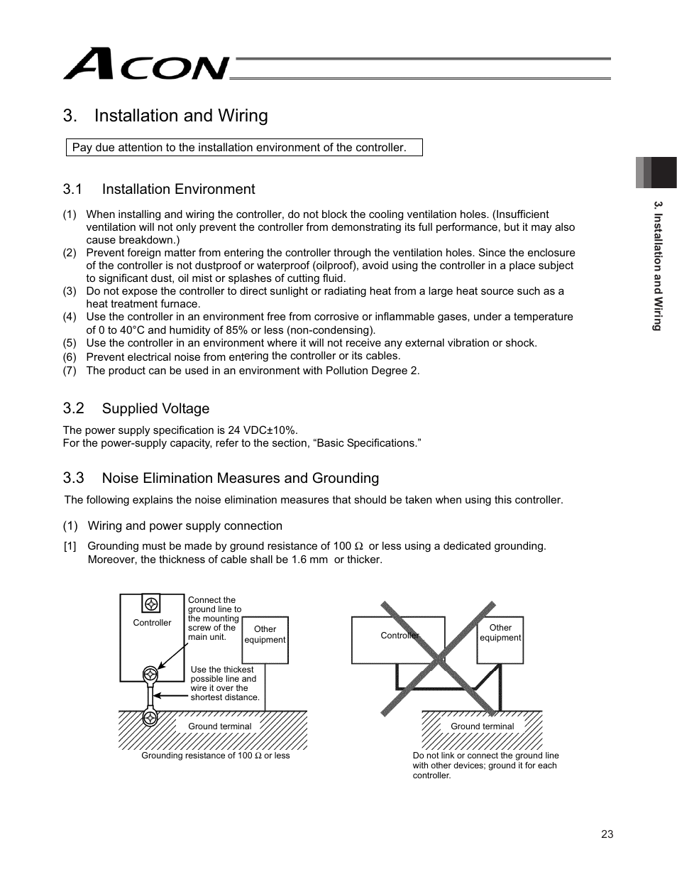 Installation and wiring, Supplied voltage, Noise elimination measures and grounding | 1 installation environment | IAI America ACON-SE User Manual | Page 33 / 136
