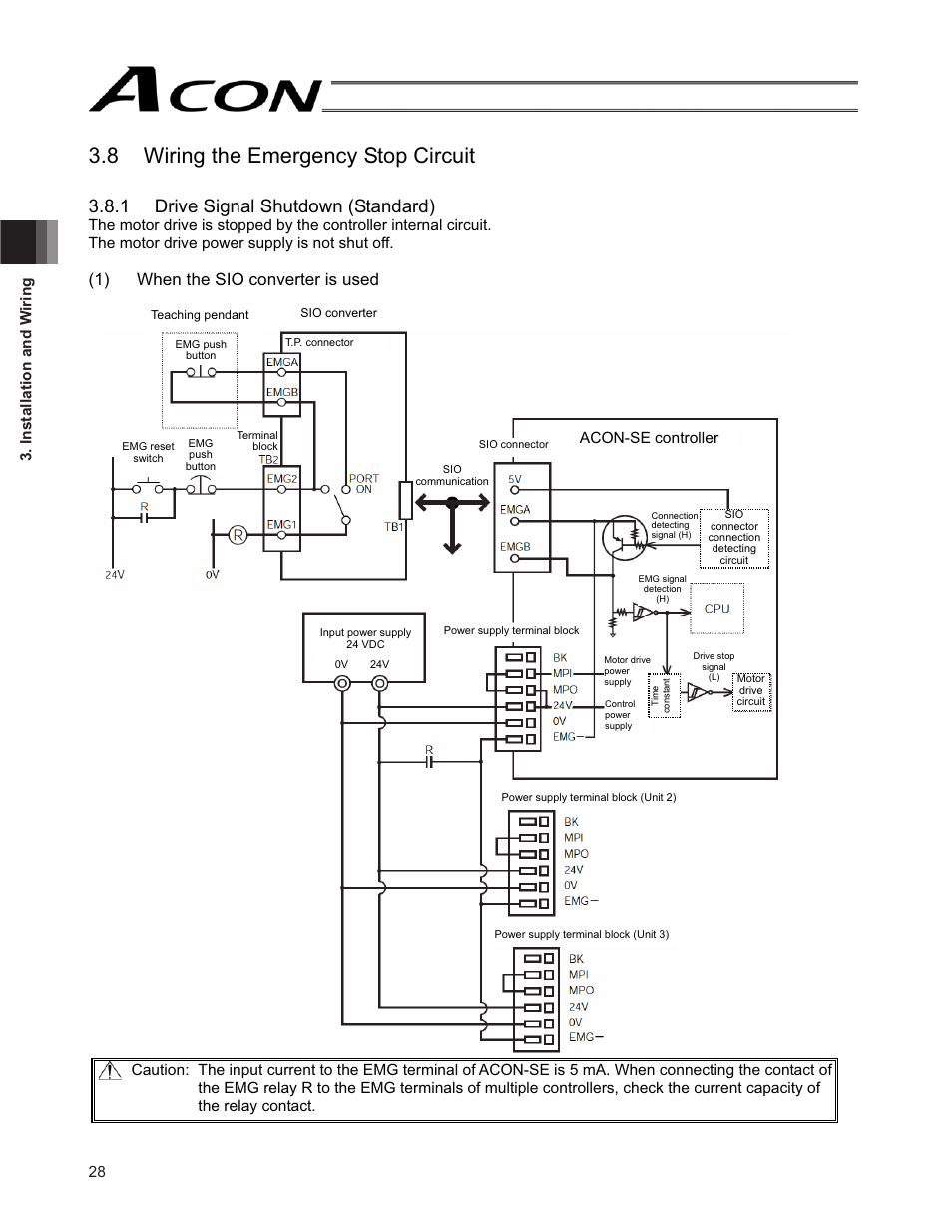8 wiring the emergency stop circuit, 1 drive signal shutdown (standard), 1) when the sio converter is used | 28 3. installation and w iring, Acon-se controller | IAI America ACON-SE User Manual | Page 38 / 136