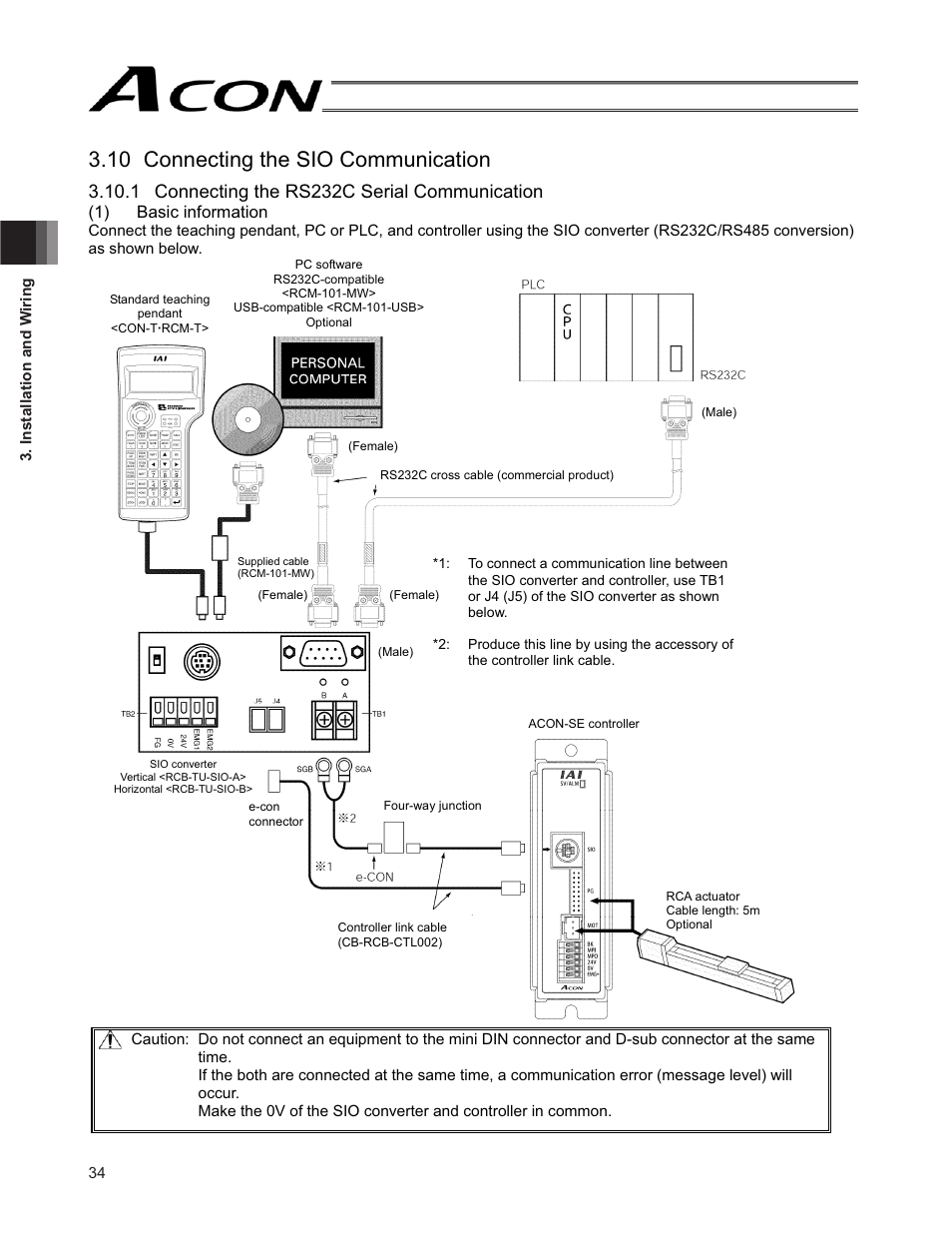 10 connecting the sio communication, 1 connecting the rs232c serial communication, 1) basic information | IAI America ACON-SE User Manual | Page 44 / 136