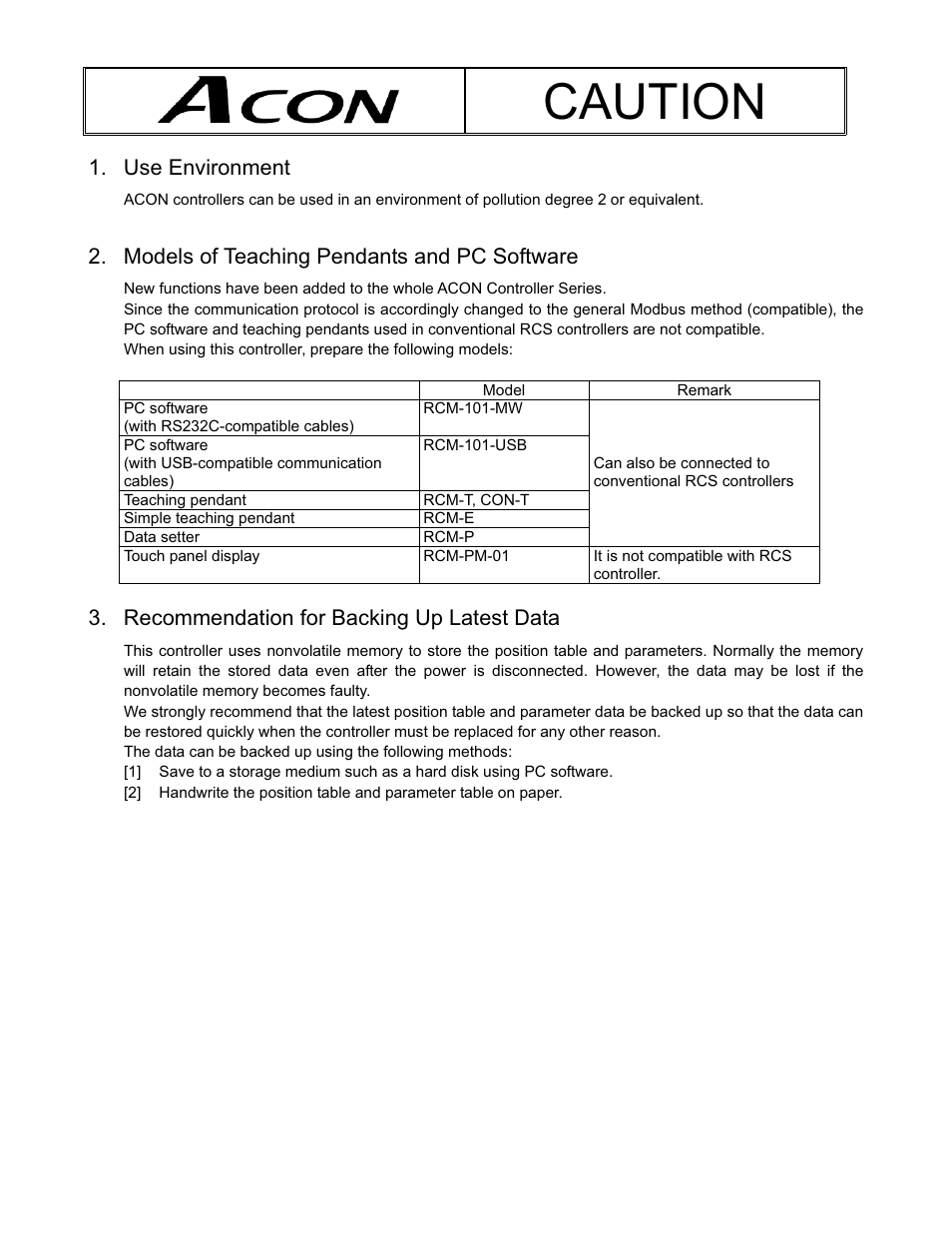 Caution, Use environment, Models of teaching pendants and pc software | Recommendation for backing up latest data | IAI America ACON-SE User Manual | Page 5 / 136