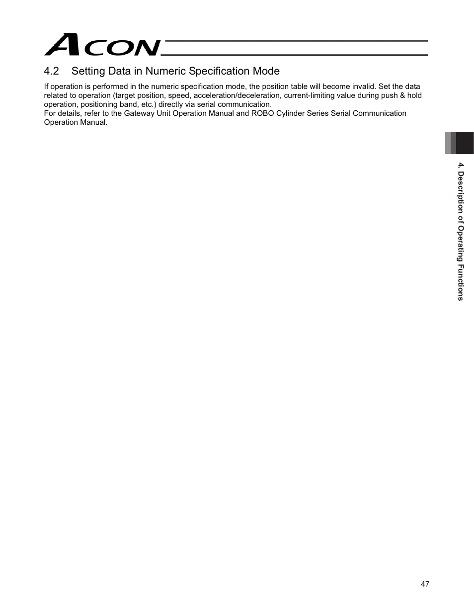 2 setting data in numeric specification mode | IAI America ACON-SE User Manual | Page 57 / 136