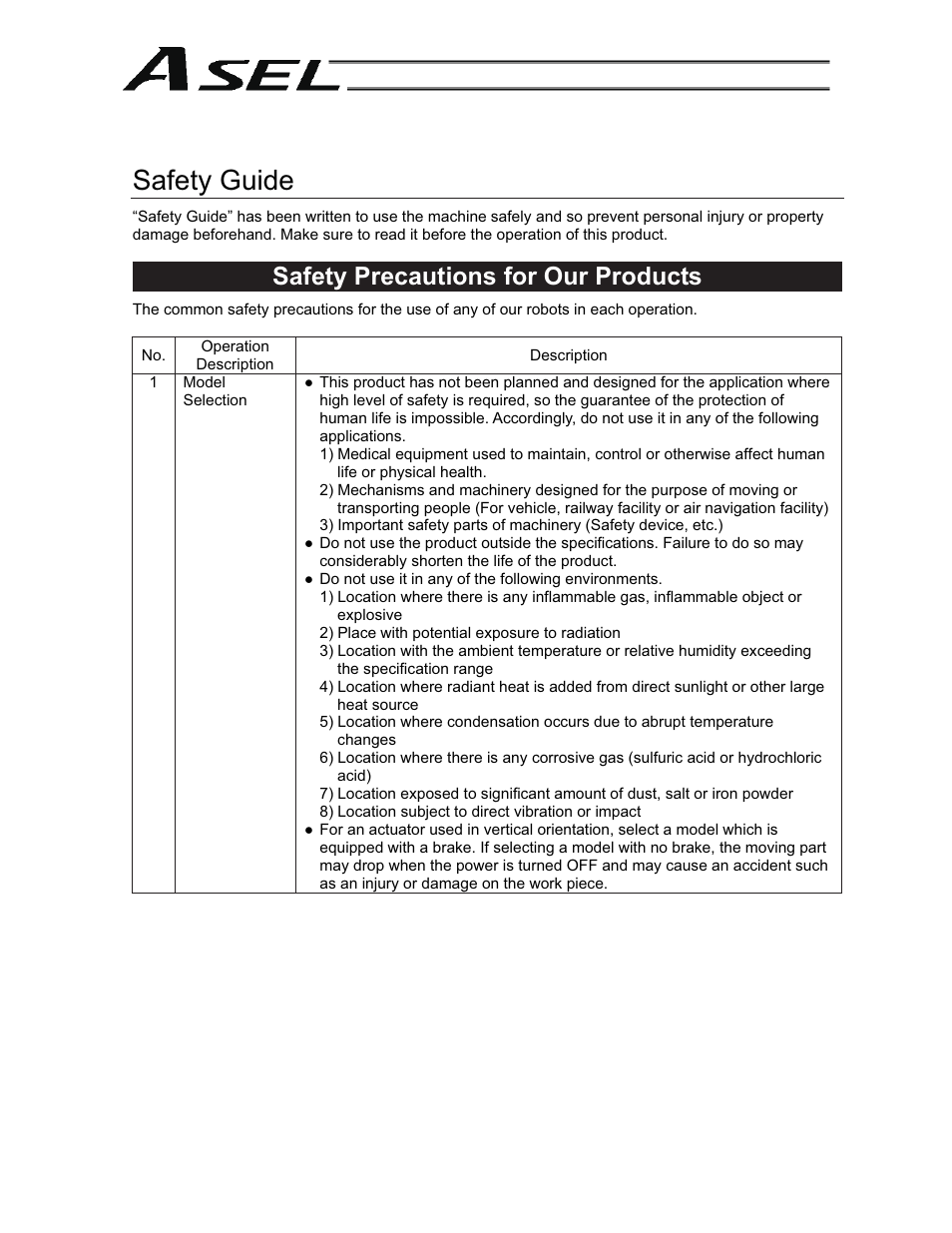 Safety guide, Safety precautions for our products | IAI America ASEL User Manual | Page 15 / 468