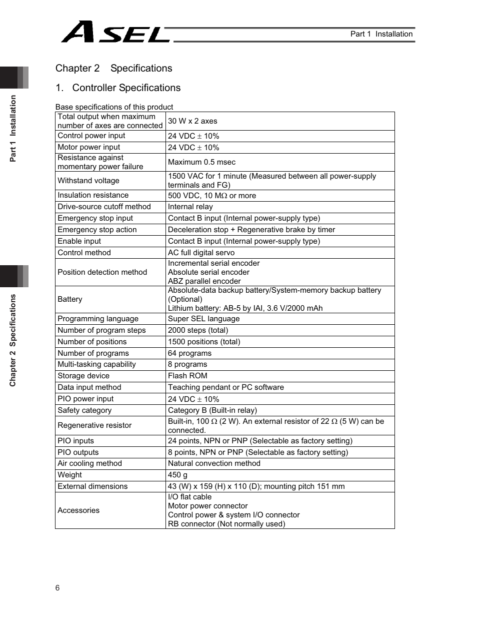 Chapter 2 specifications, Controller specifications | IAI America ASEL User Manual | Page 28 / 468