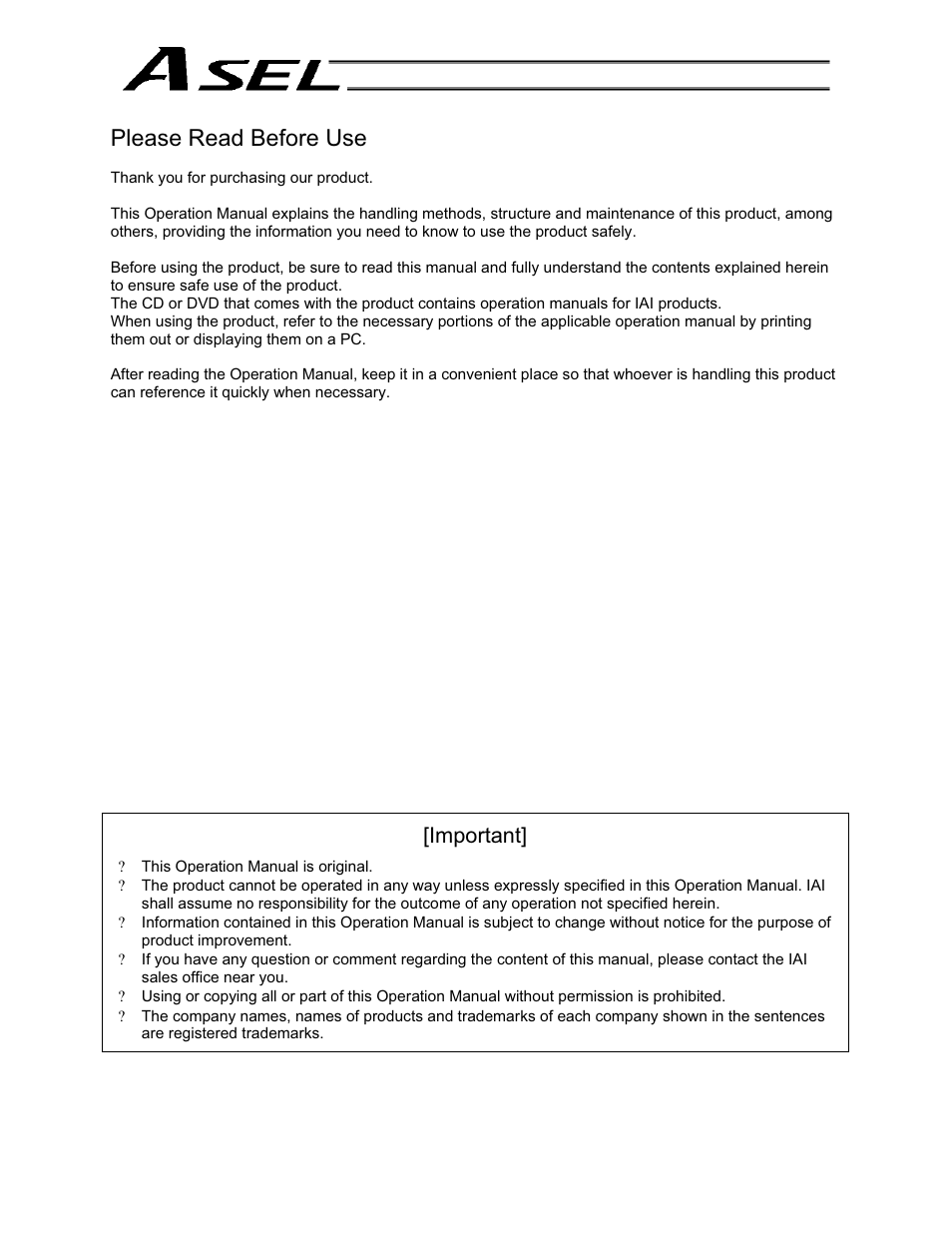 Please read before use, Important | IAI America ASEL User Manual | Page 3 / 468