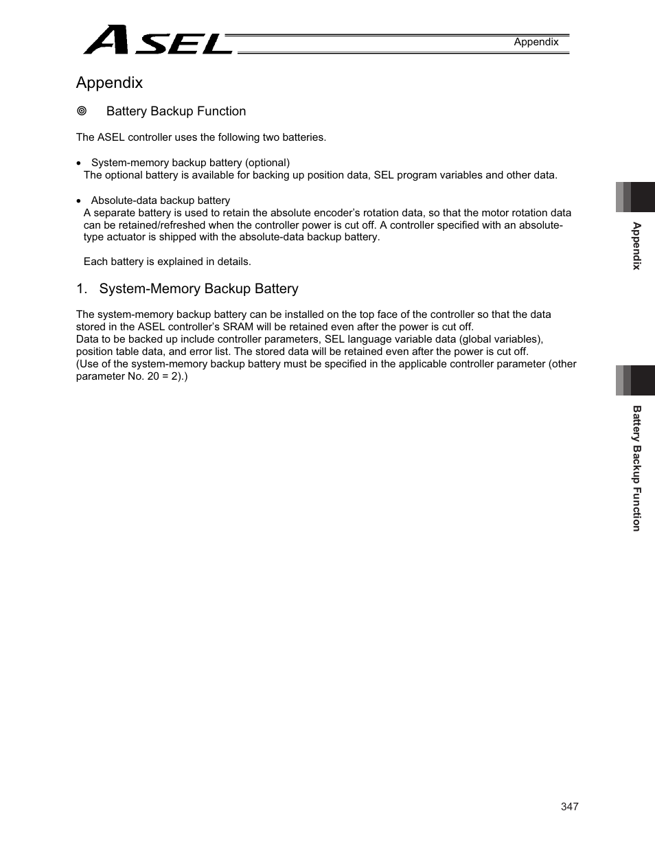 Appendix, Battery backup function | IAI America ASEL User Manual | Page 369 / 468