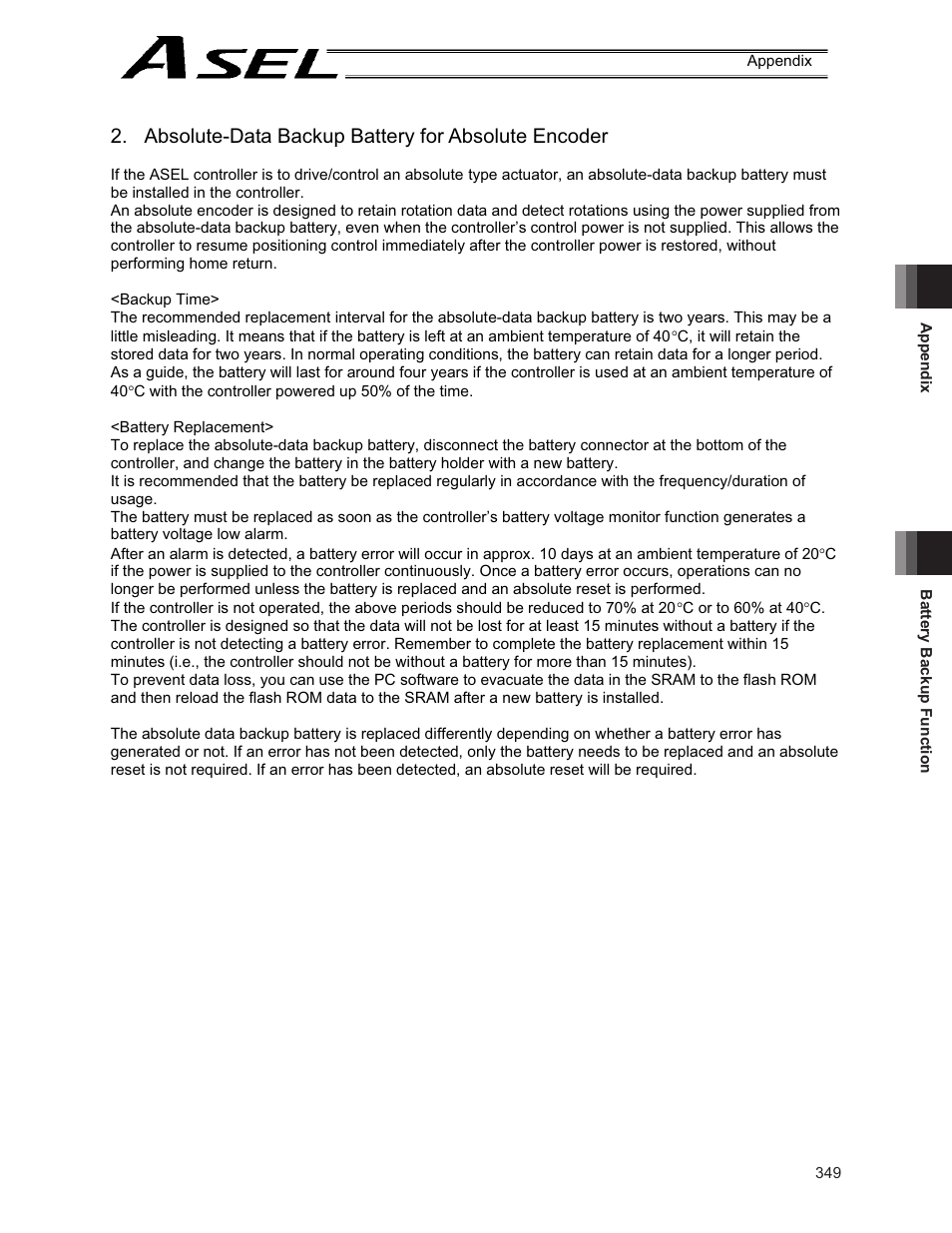 Absolute-data backup battery for absolute encoder | IAI America ASEL User Manual | Page 371 / 468