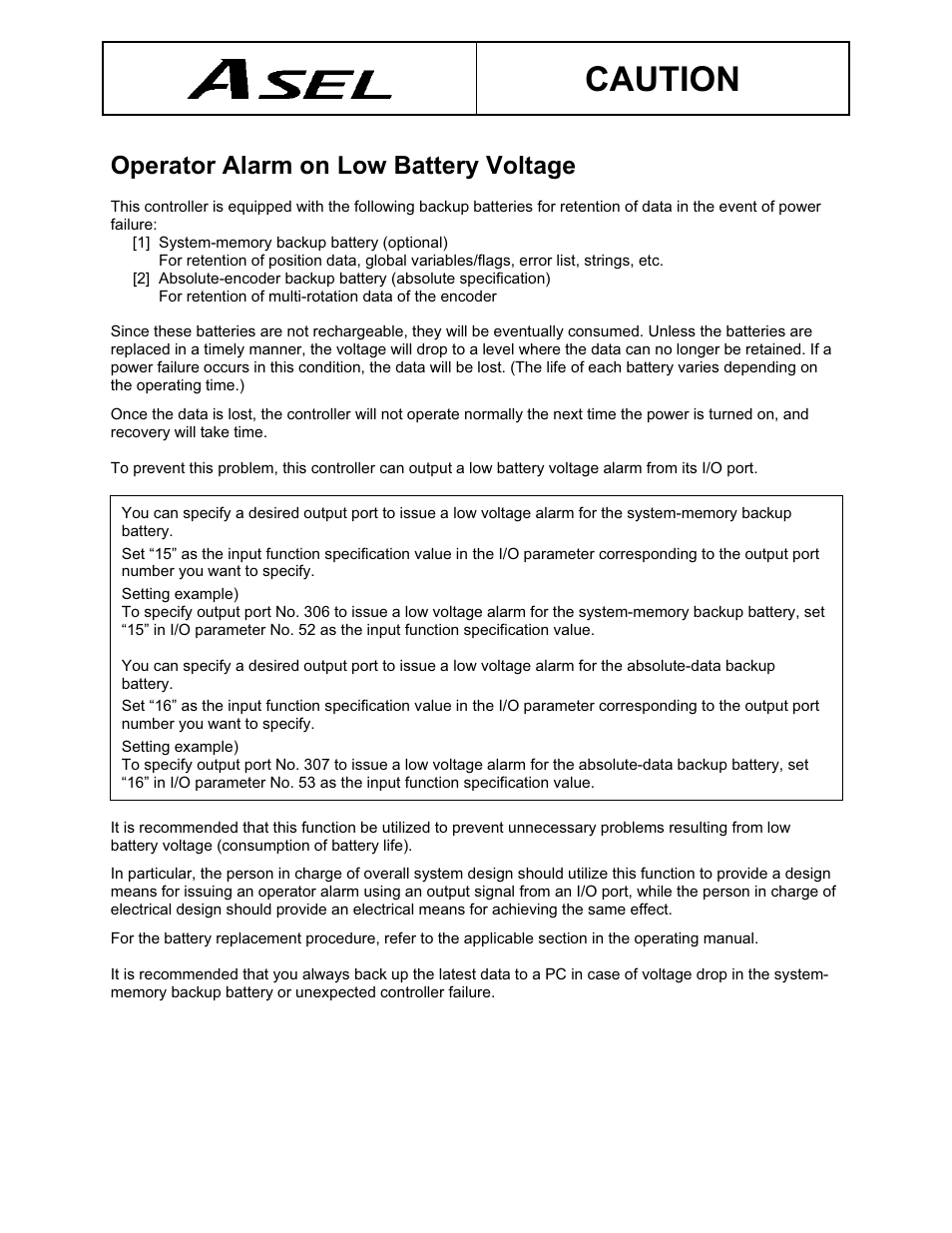 Operator alarm on low battery voltage, Caution | IAI America ASEL User Manual | Page 4 / 468
