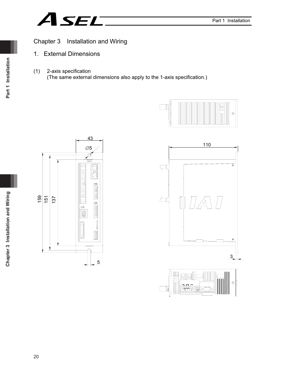 Chapter 3 installation and wiring, External dimensions | IAI America ASEL User Manual | Page 42 / 468