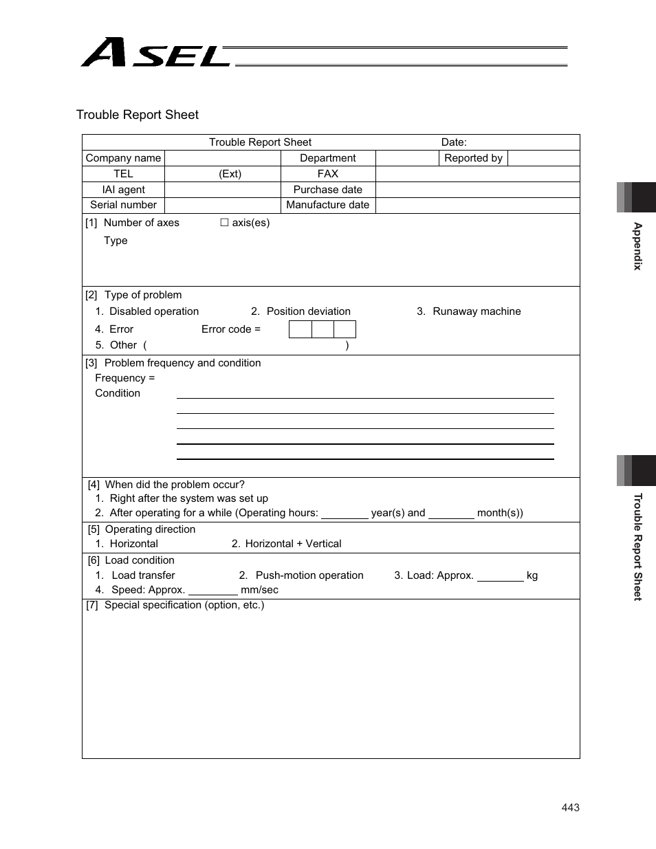 Trouble report sheet | IAI America ASEL User Manual | Page 465 / 468