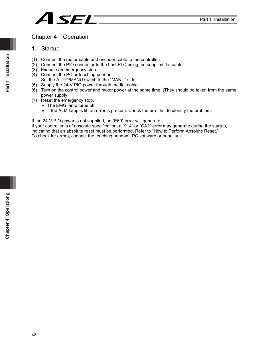 Chapter 4 operation, Startup, Chapter 4 operation 1. startup | IAI America ASEL User Manual | Page 70 / 468