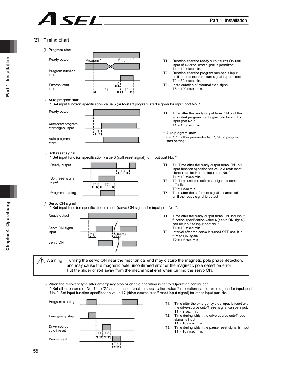 Chapter 4 operationg part 1 installation 58, Part 1 installation, 2] timing chart | IAI America ASEL User Manual | Page 80 / 468