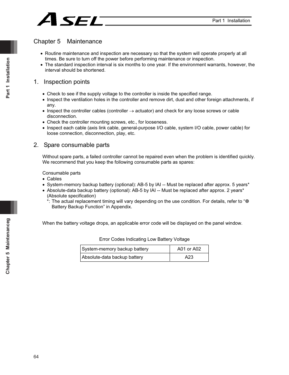 Chapter 5 maintenance, Inspection points, Spare consumable parts | IAI America ASEL User Manual | Page 86 / 468