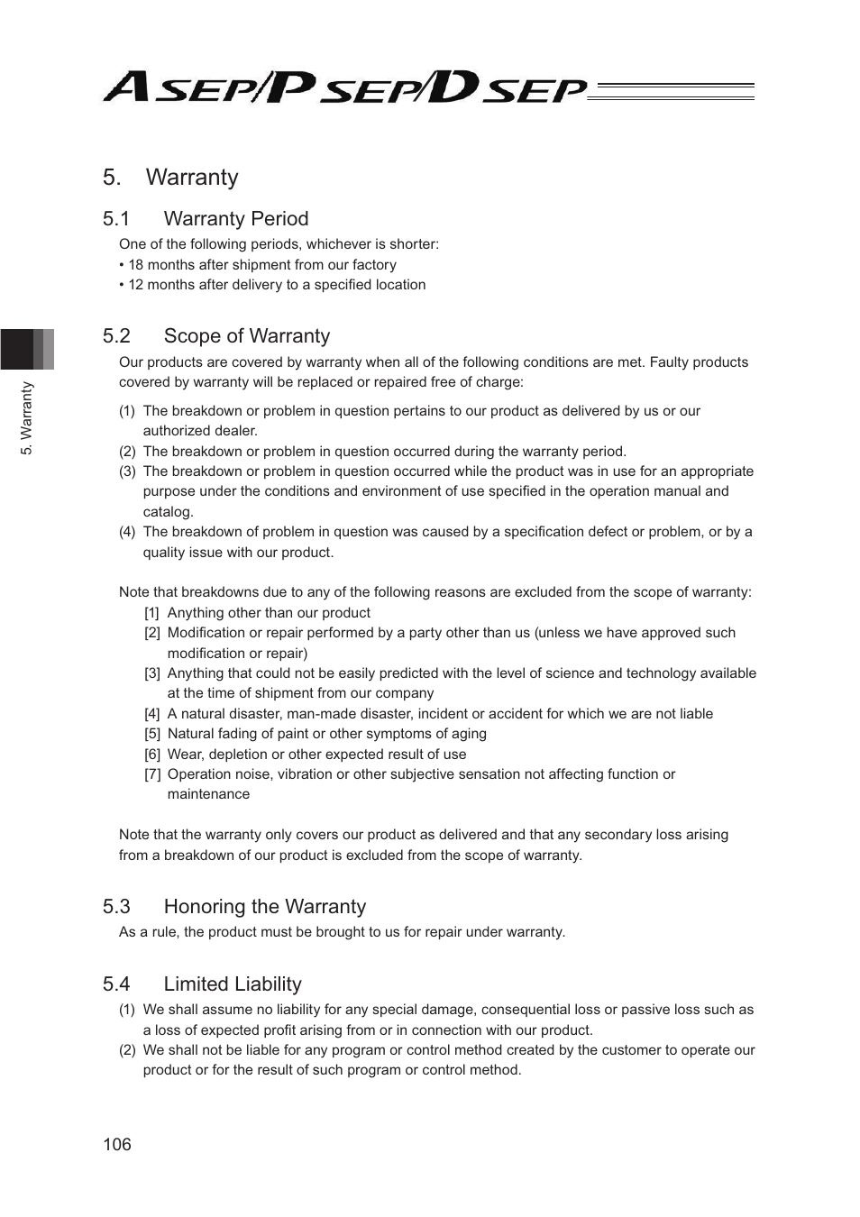 Warranty, 1 warranty period, 2 scope of warranty | 3 honoring the warranty, 4 limited liability | IAI America PSEP User Manual | Page 112 / 116