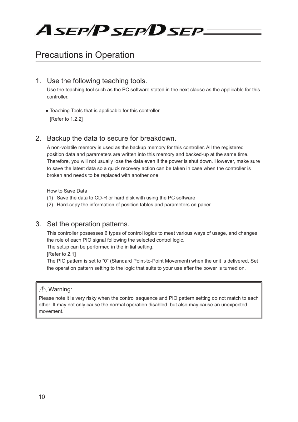 Precautions in operation | IAI America PSEP User Manual | Page 16 / 116