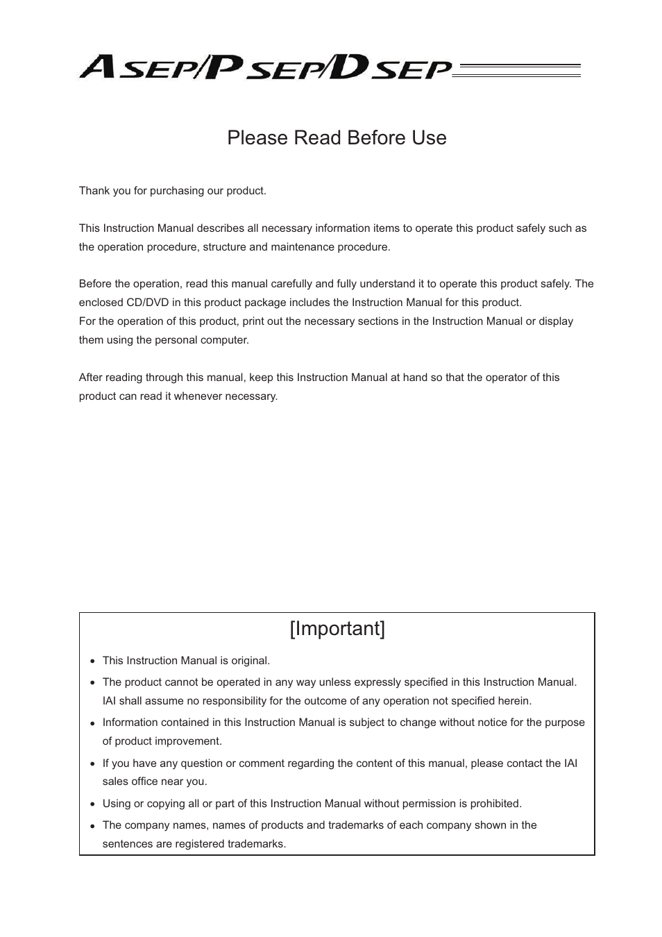 Please read before use, Important | IAI America PSEP User Manual | Page 3 / 116