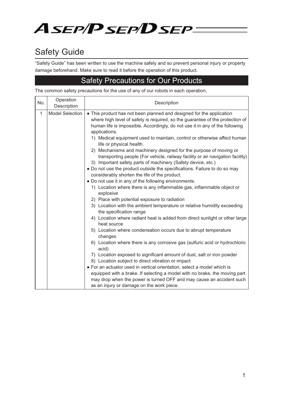 Safety guide, Safety precautions for our products | IAI America PSEP User Manual | Page 7 / 116