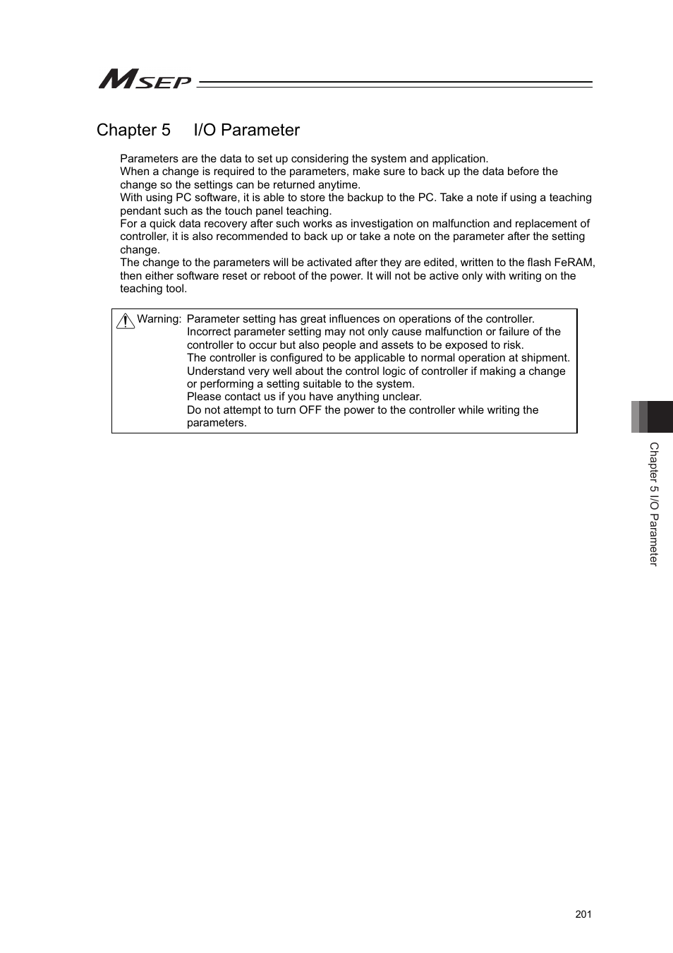 Chapter 5 i/o parameter | IAI America MSEP User Manual | Page 209 / 296