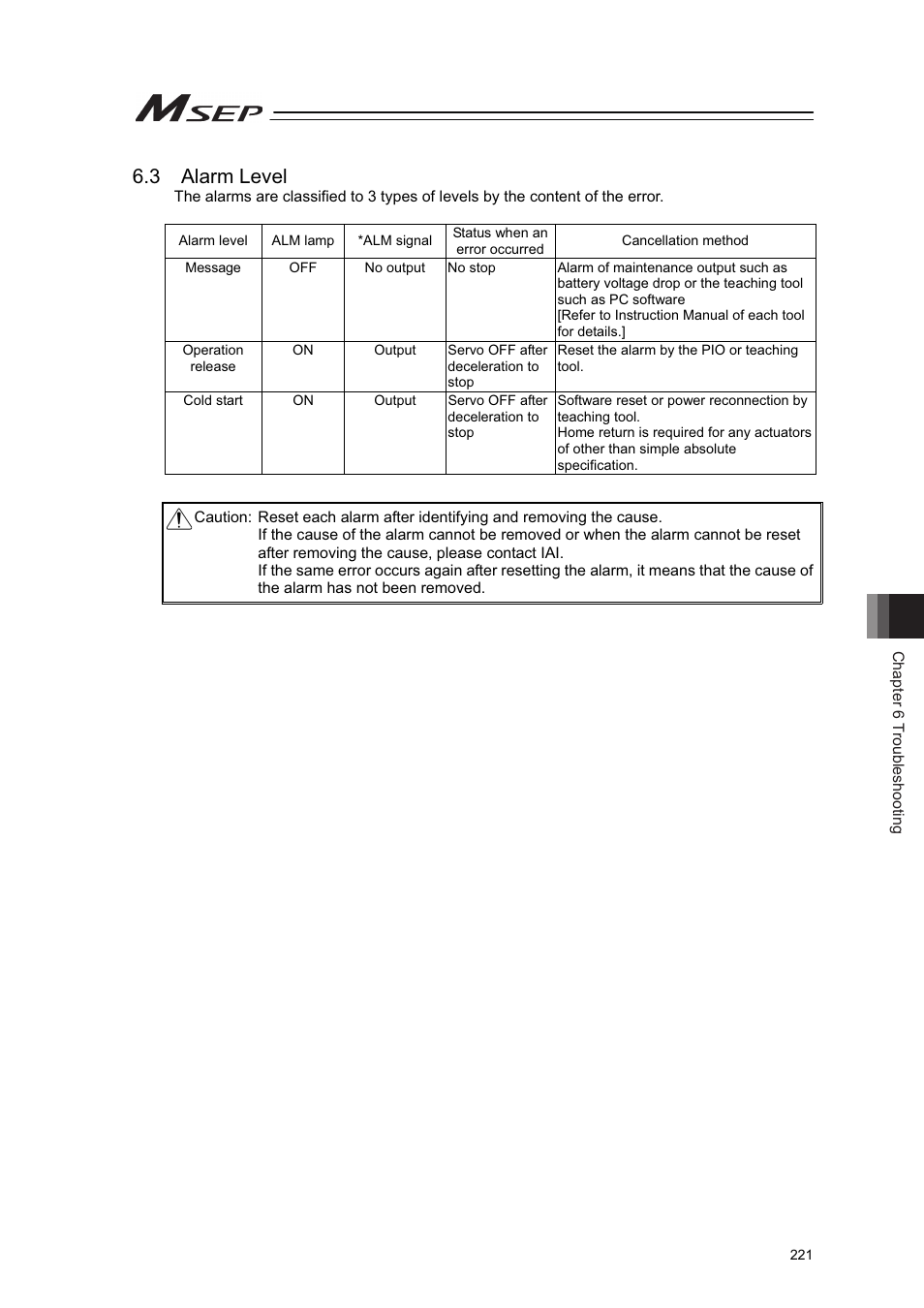 3 alarm level | IAI America MSEP User Manual | Page 229 / 296