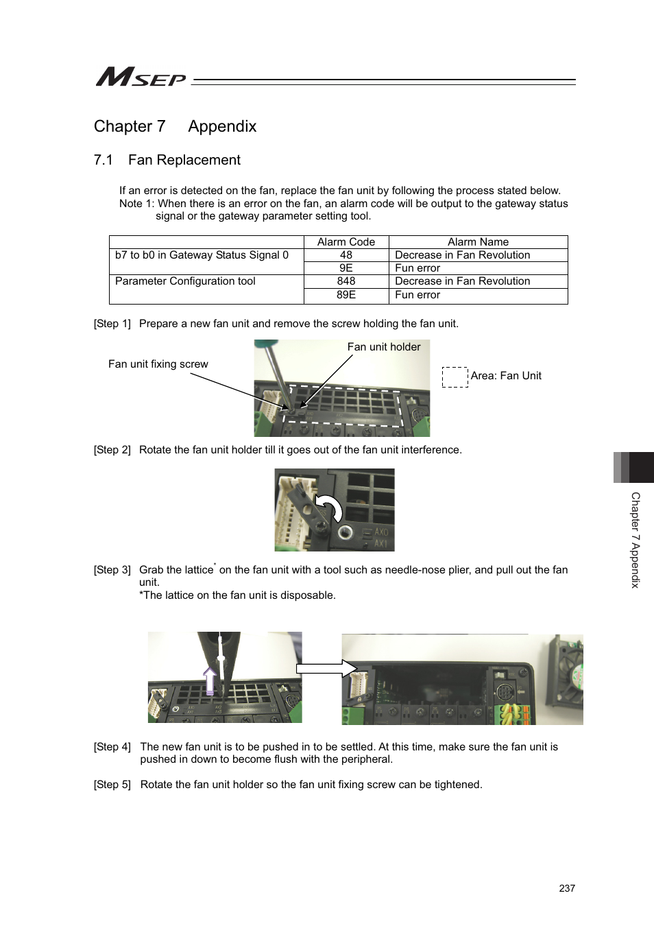 Chapter 7 appendix, 1 fan replacement | IAI America MSEP User Manual | Page 245 / 296