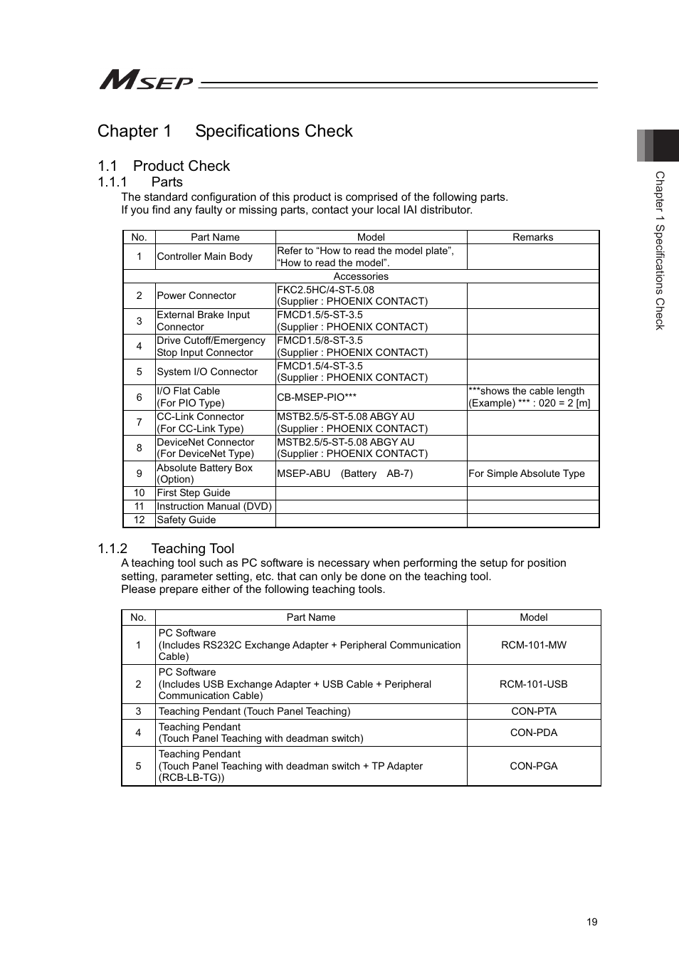 Chapter 1 specifications check, 1 product check, 1 parts | 2 teaching tool | IAI America MSEP User Manual | Page 27 / 296
