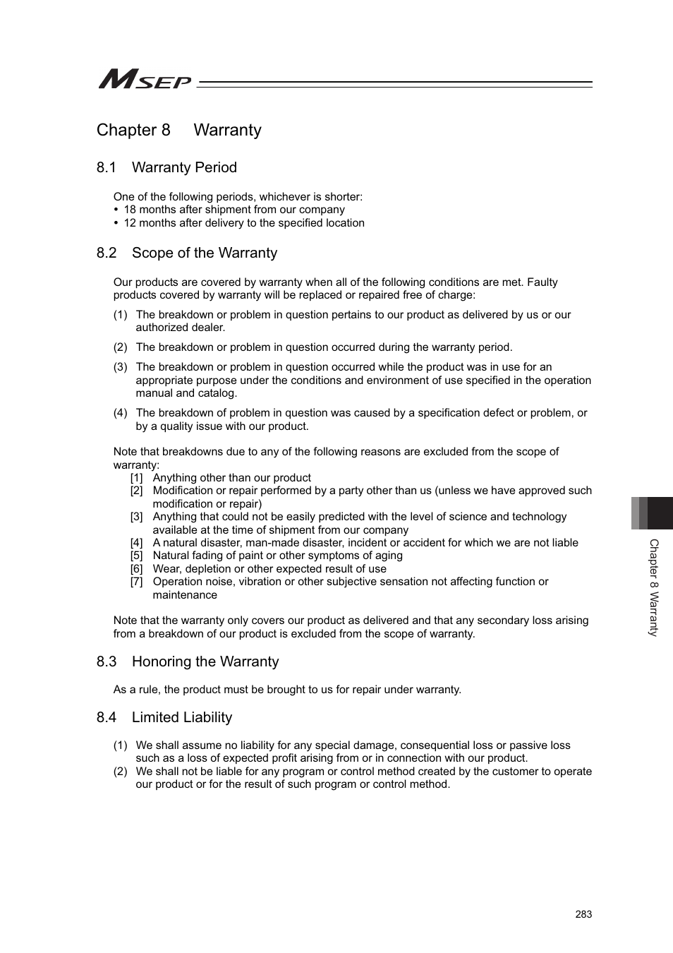 Chapter 8 warranty, 1 warranty period, 2 scope of warranty | 3 honoring the warranty, 4 limited liability, 2 scope of the warranty | IAI America MSEP User Manual | Page 291 / 296