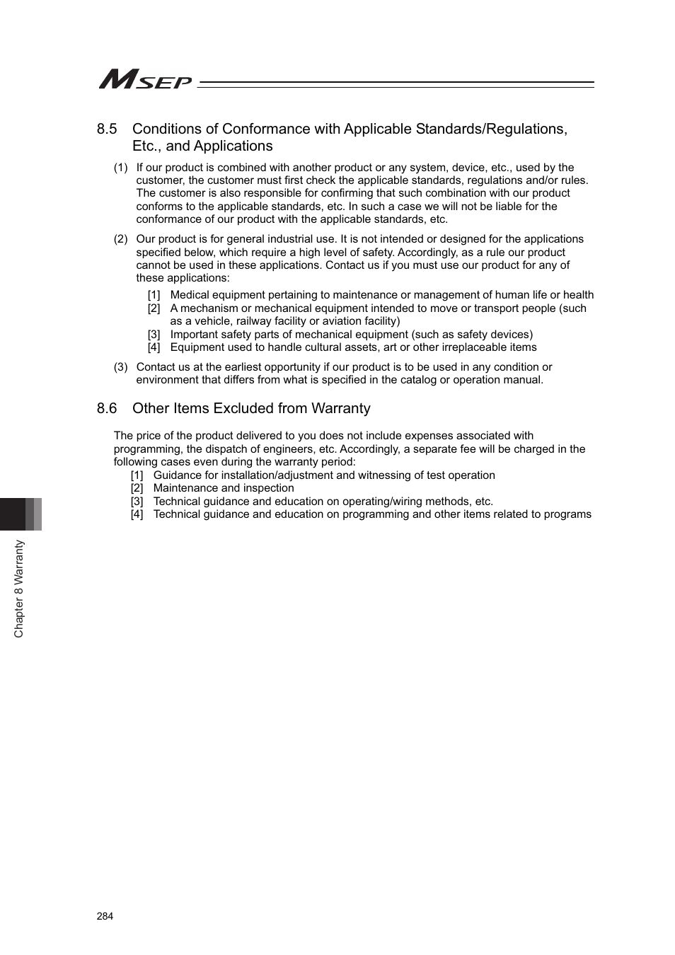 6 other items excluded from warranty | IAI America MSEP User Manual | Page 292 / 296