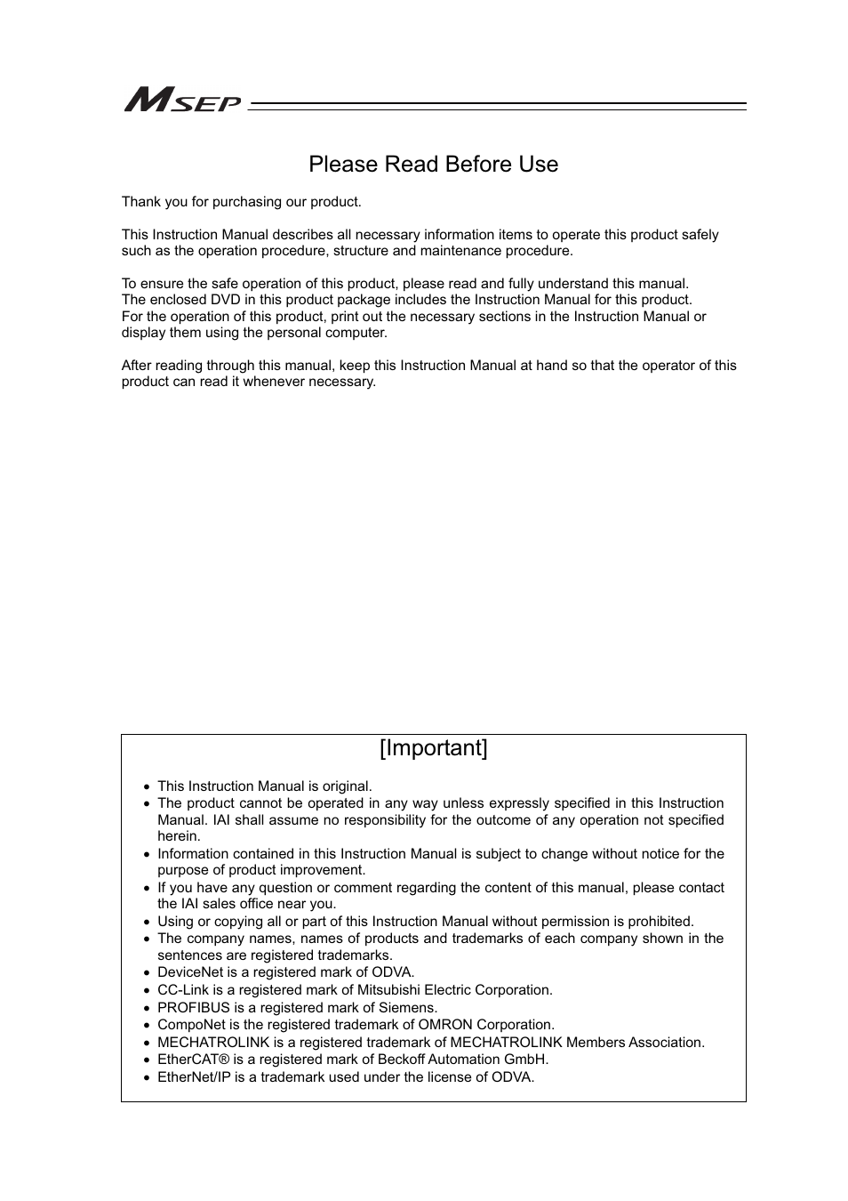 Please read before use, Important | IAI America MSEP User Manual | Page 3 / 296