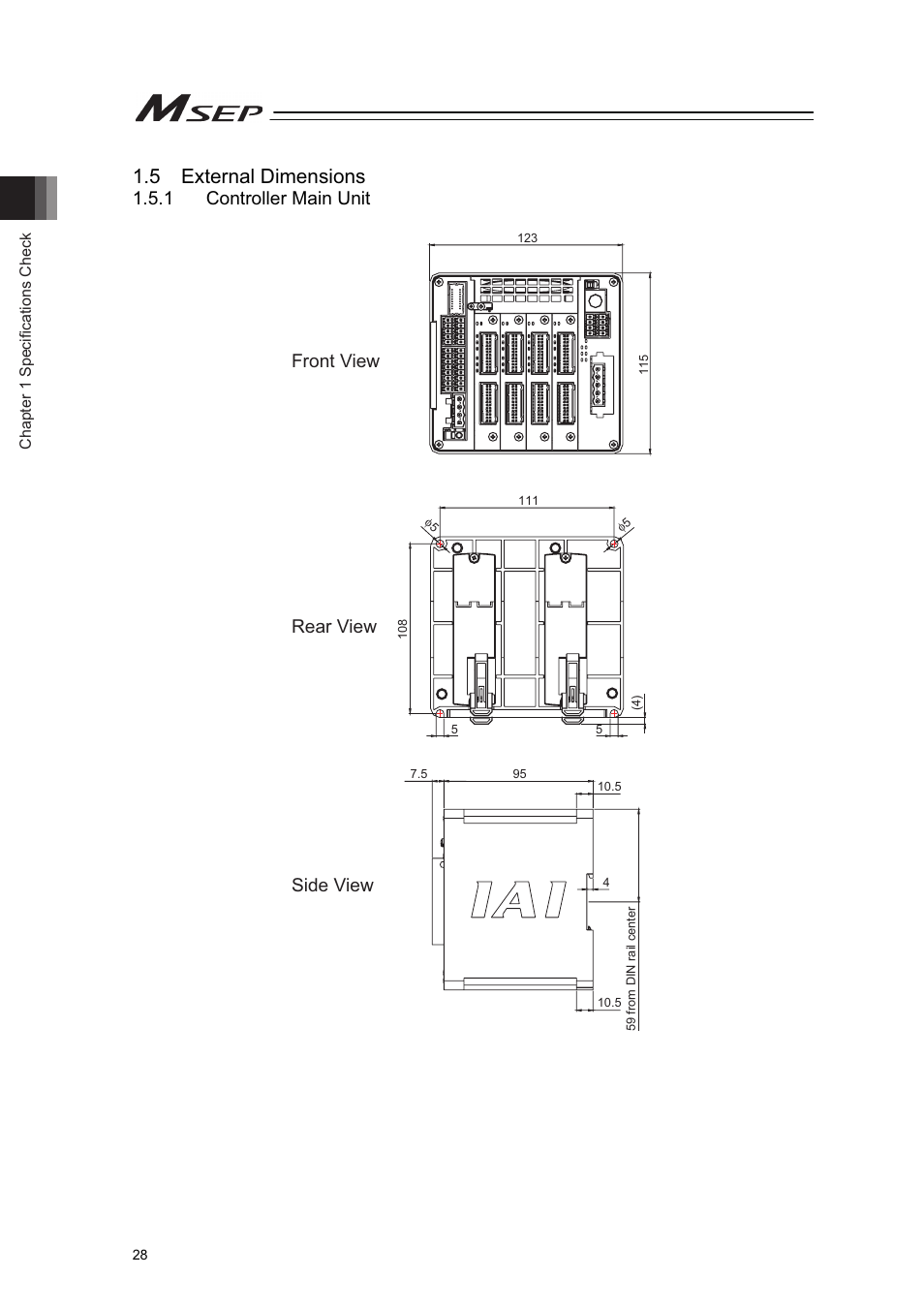 5 external dimensions, 1 controller main unit, Front view rear view side view | IAI America MSEP User Manual | Page 36 / 296