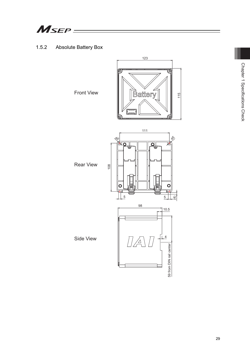 2 absolute battery box, Front view rear view side view | IAI America MSEP User Manual | Page 37 / 296