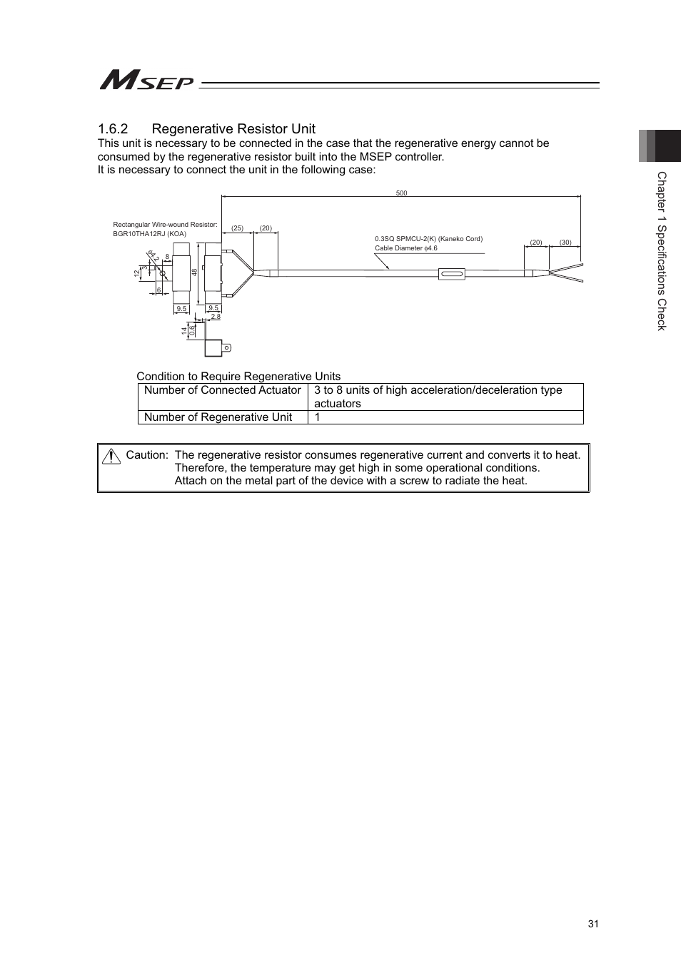 2 regenerative resistor unit, Chapter 1 specifications check | IAI America MSEP User Manual | Page 39 / 296