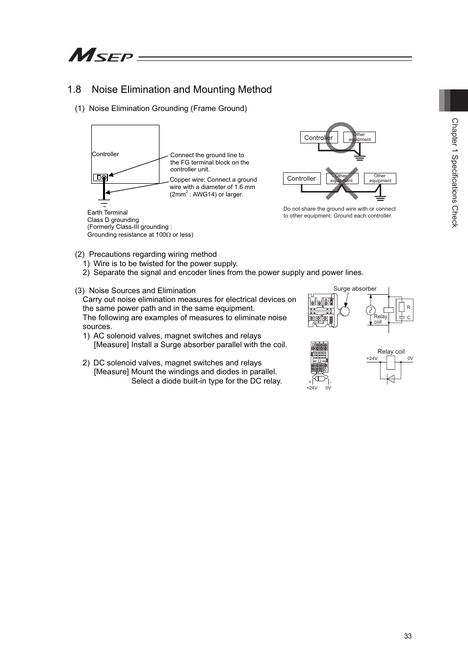 8 noise elimination and mounting method, Chapter 1 specifications check | IAI America MSEP User Manual | Page 41 / 296