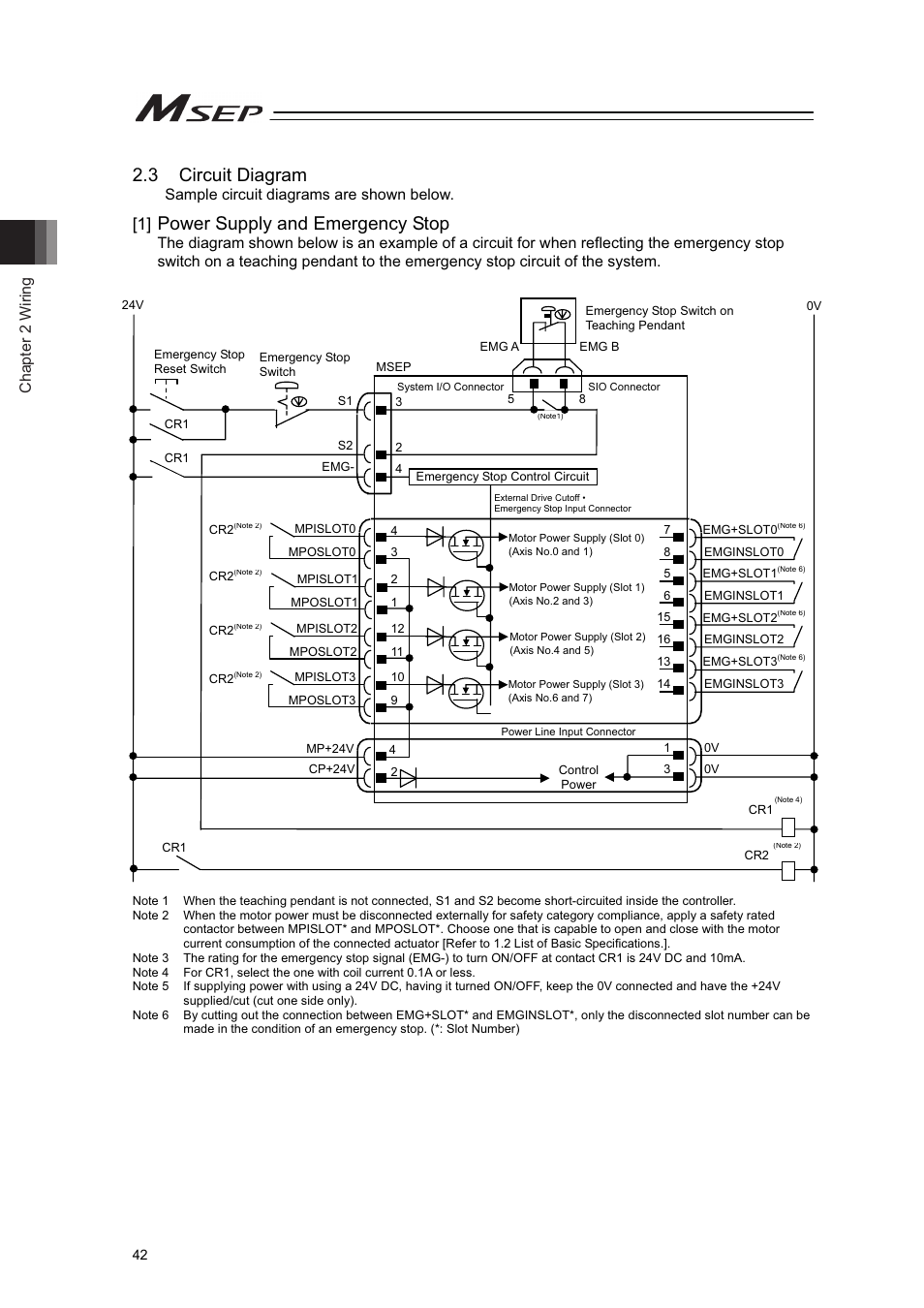 3 circuit diagram, Power supply and emergency stop, Chapter 2 wiring | Sample circuit diagrams are shown below | IAI America MSEP User Manual | Page 50 / 296