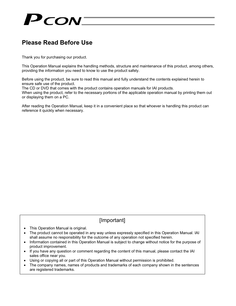 Please read before use, Important | IAI America PCON-CF User Manual | Page 3 / 226