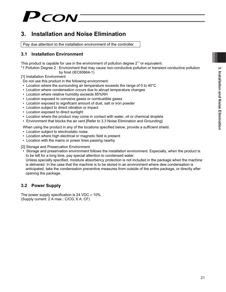 Installation and noise elimination, 1 installation environment, 2 power supply | IAI America PCON-CF User Manual | Page 39 / 226