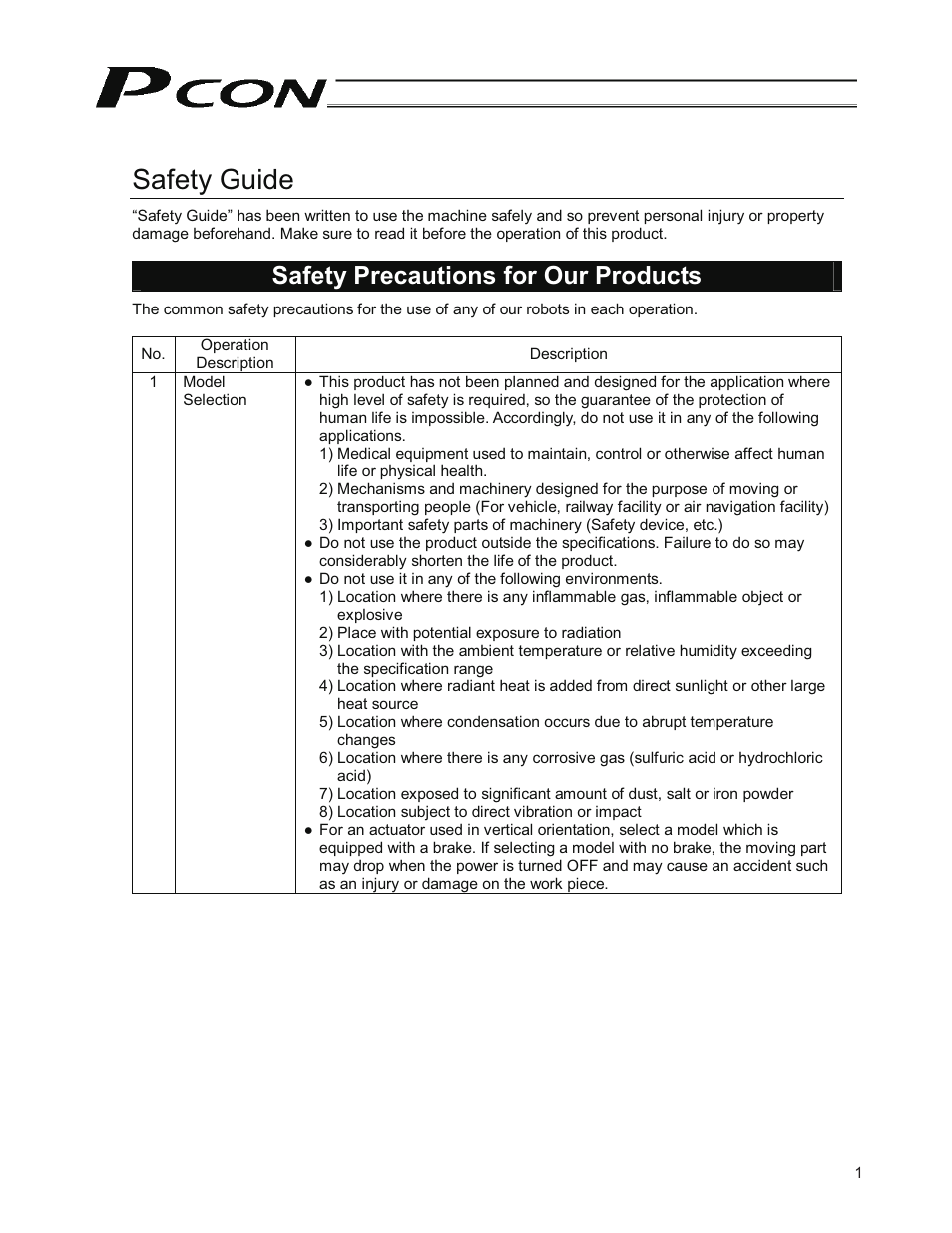 Safety precautions, Safety guide, Safety precautions for our products | IAI America PCON-CY User Manual | Page 11 / 152