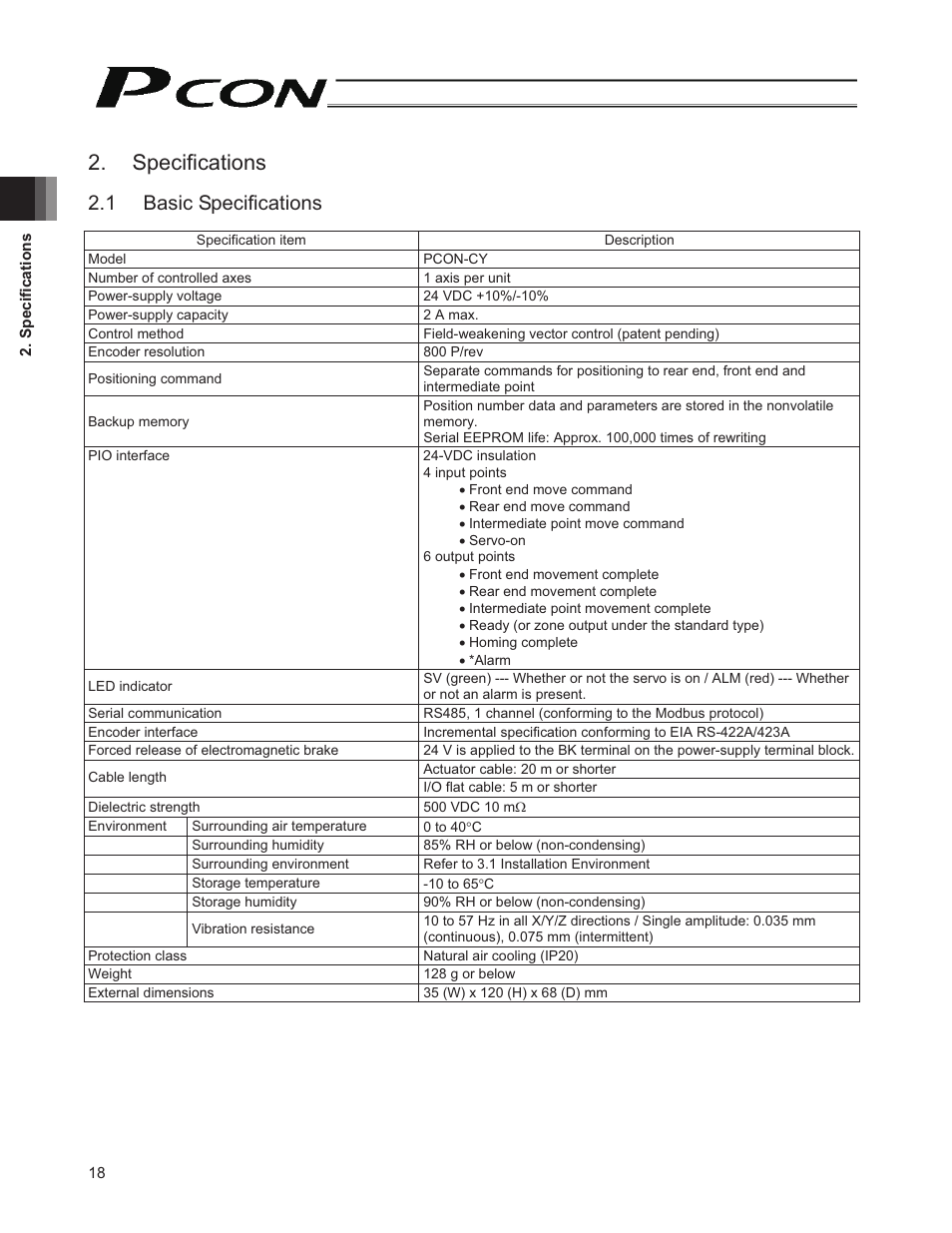 Specifications, 1 basic specifications | IAI America PCON-CY User Manual | Page 28 / 152