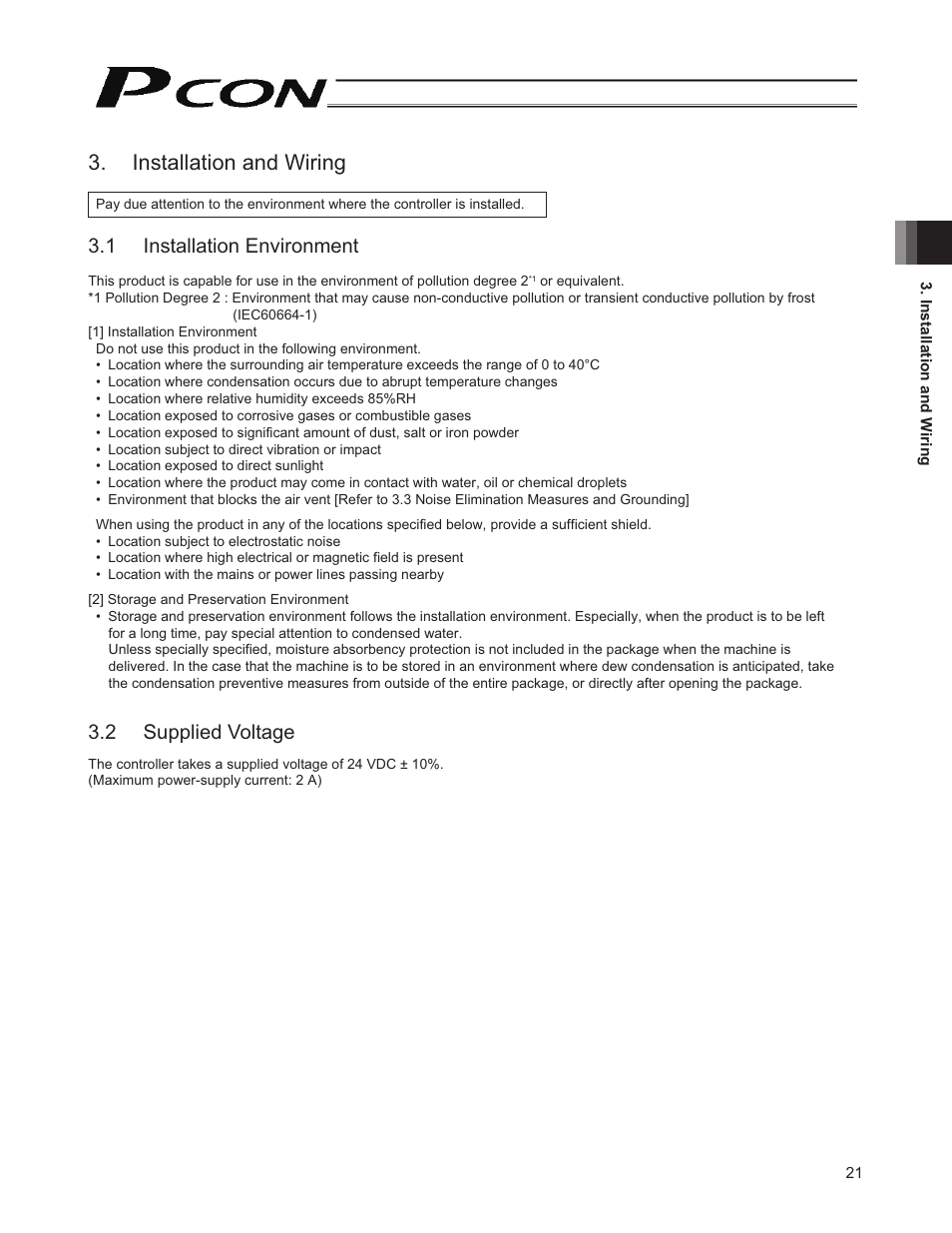 Installation and wiring, 1 installation environment, 2 supplied voltage | IAI America PCON-CY User Manual | Page 31 / 152