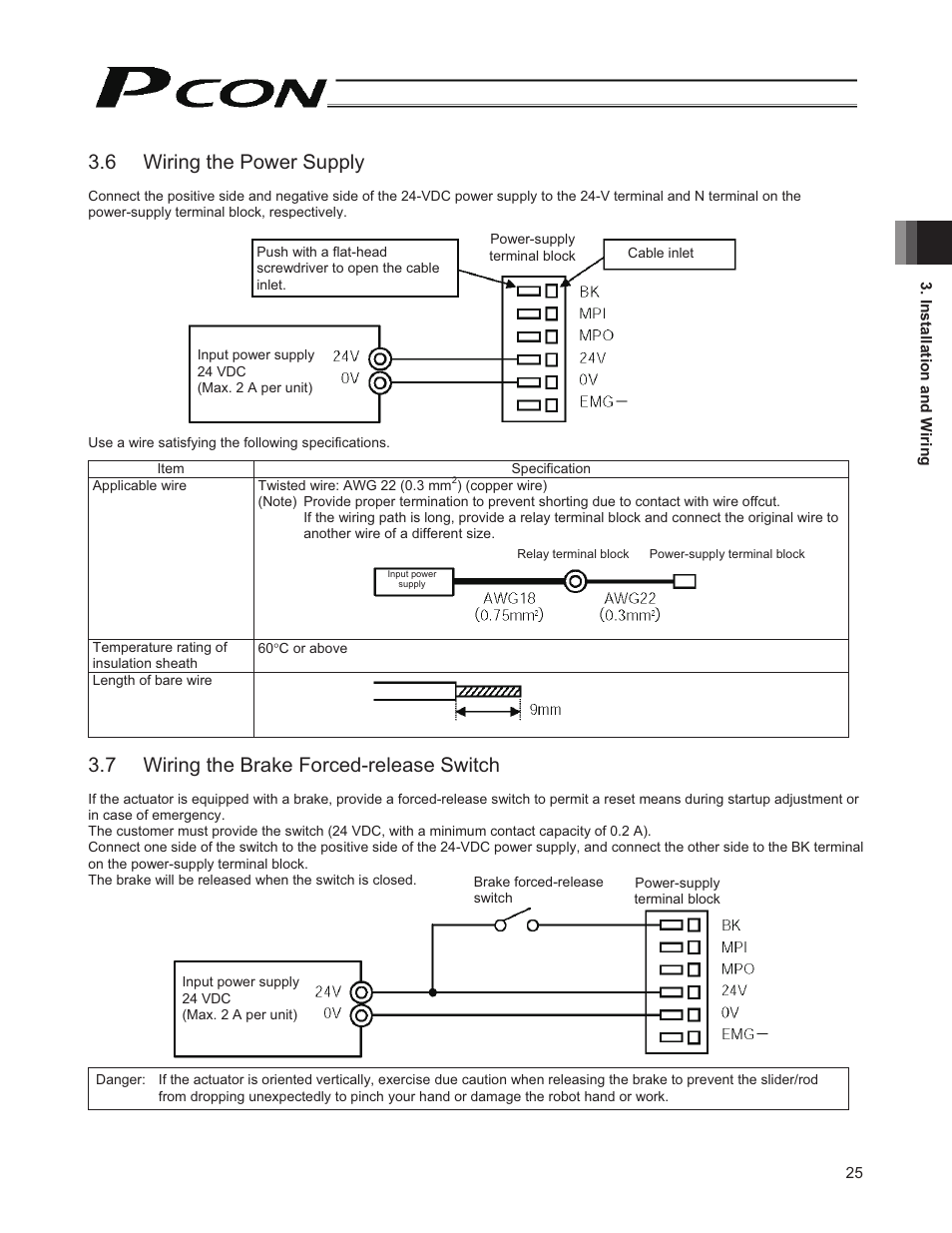 6 wiring the power supply, 7 wiring the brake forced-release switch | IAI America PCON-CY User Manual | Page 35 / 152