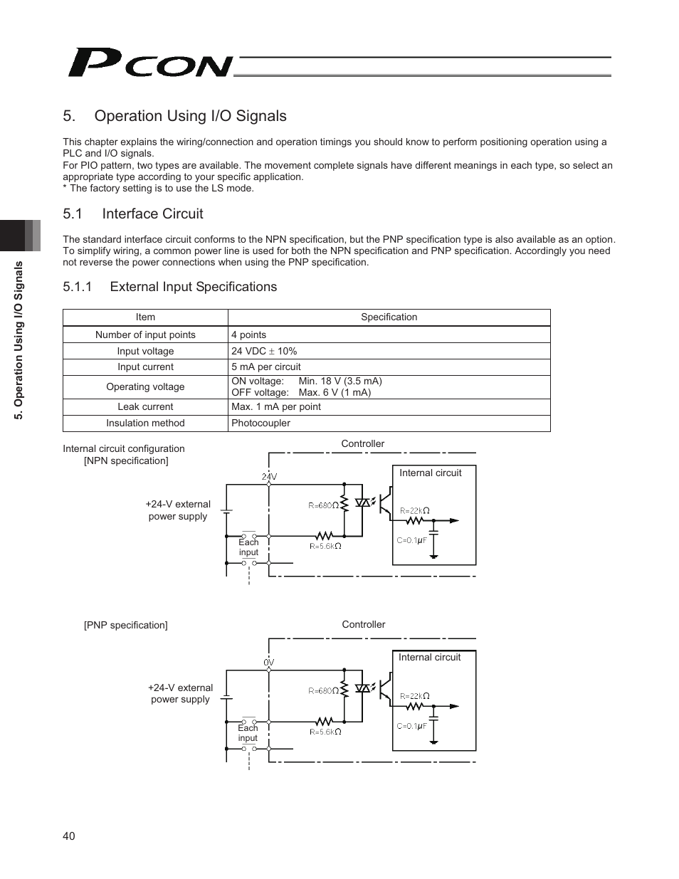 Operation using i/o signals, 1 interface circuit, 1 external input specifications | IAI America PCON-CY User Manual | Page 50 / 152
