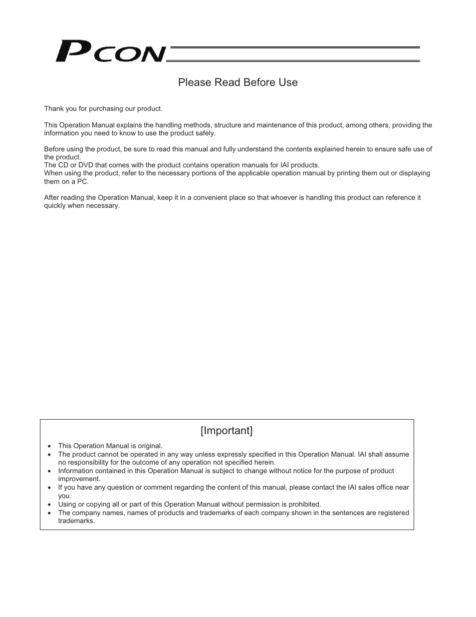 Please read before use, Important | IAI America PCON-PO User Manual | Page 3 / 128