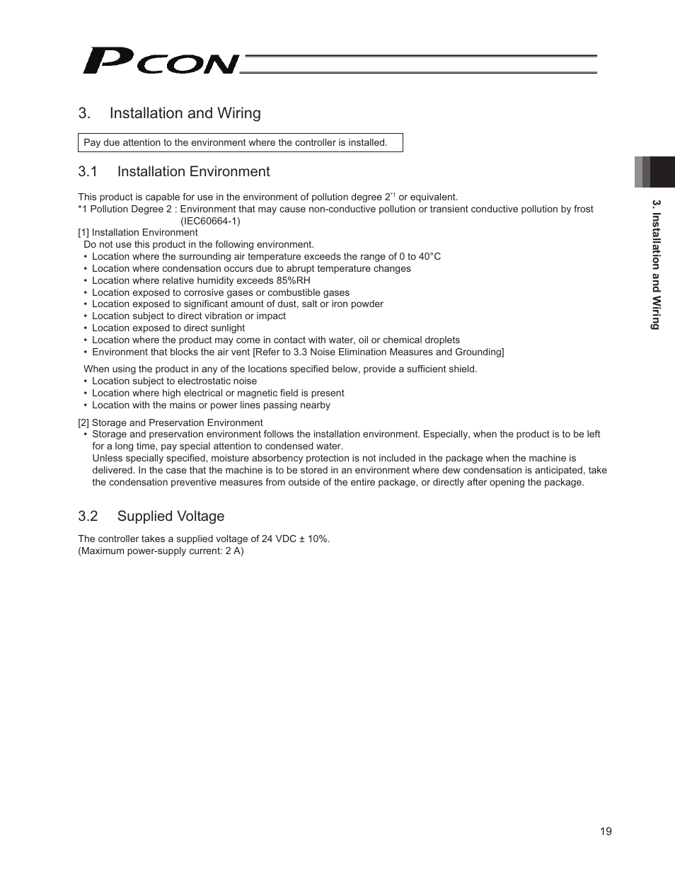 Installation and wiring, 1 installation environment, 2 supplied voltage | IAI America PCON-PO User Manual | Page 31 / 128