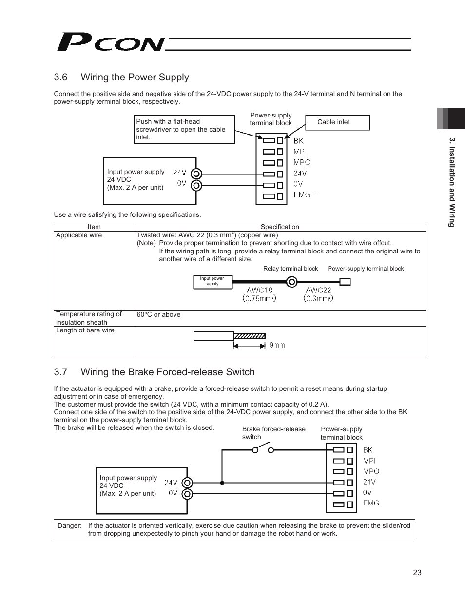 6 wiring the power supply, 7 wiring the brake forced-release switch | IAI America PCON-PO User Manual | Page 35 / 128