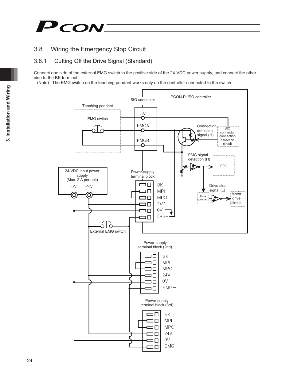 8 wiring the emergency stop circuit, 1 cutting off the drive signal (standard) | IAI America PCON-PO User Manual | Page 36 / 128