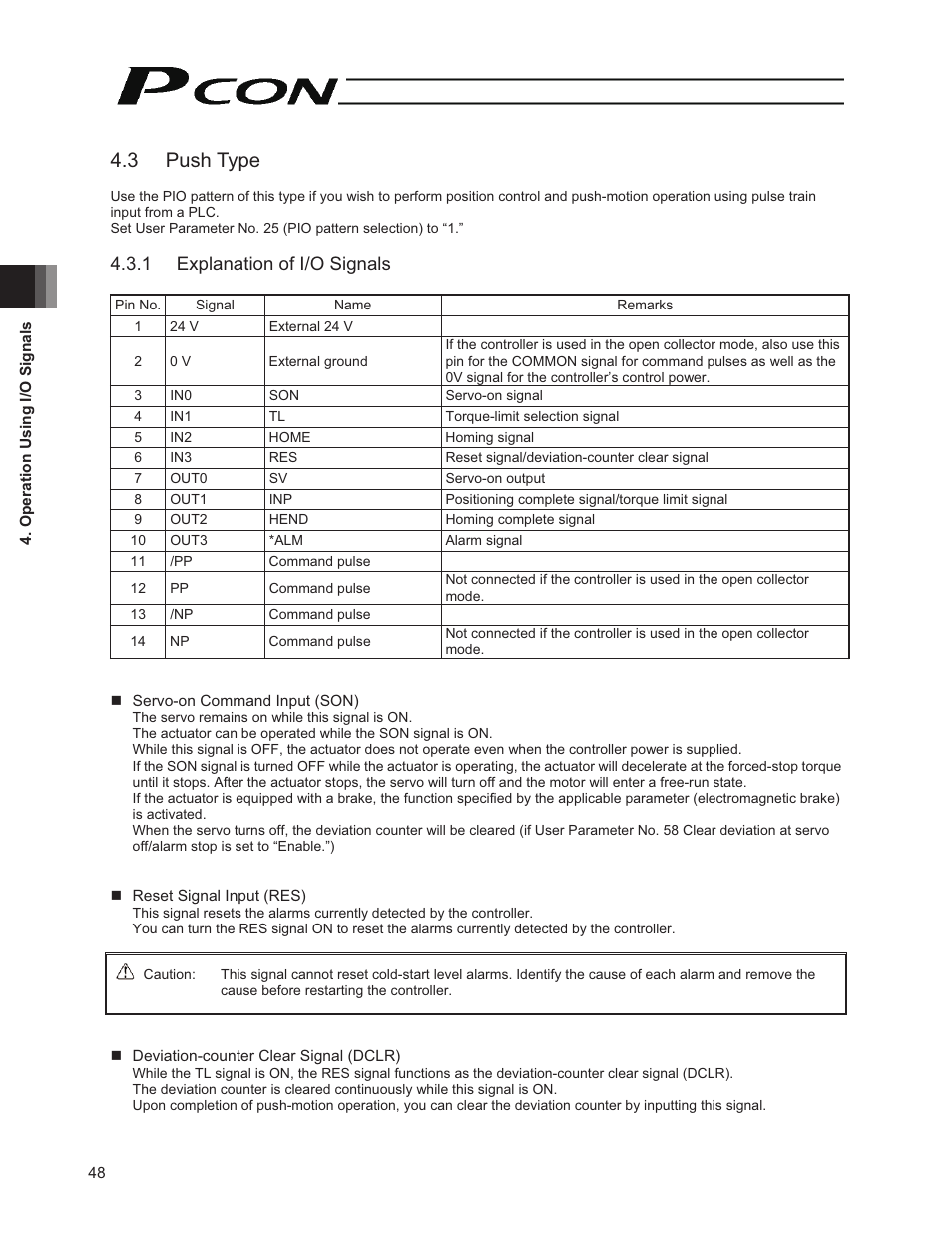 3 push type, 1 explanation of i/o signals | IAI America PCON-PO User Manual | Page 60 / 128