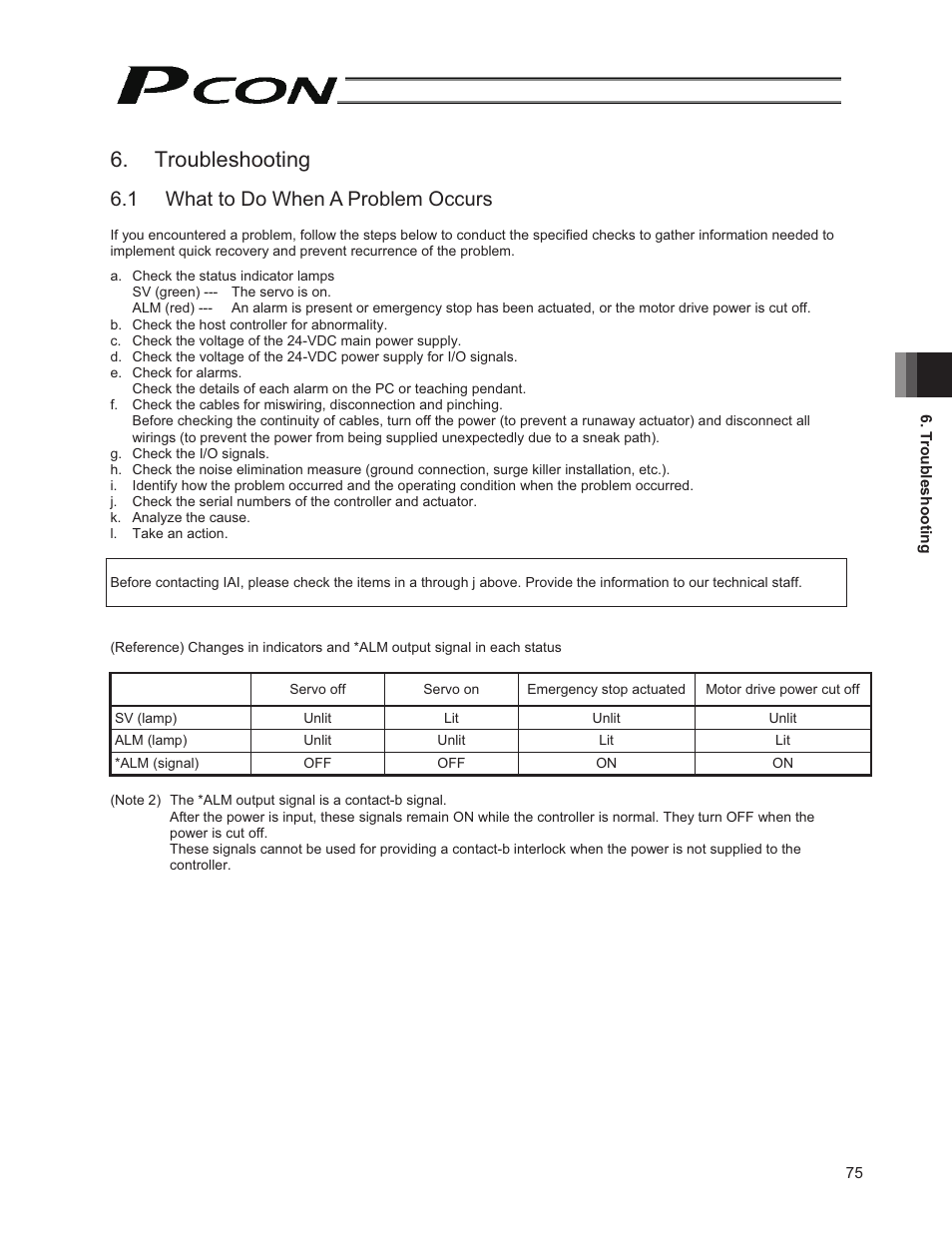 Troubleshooting, 1 what to do when a problem occurs | IAI America PCON-PO User Manual | Page 87 / 128