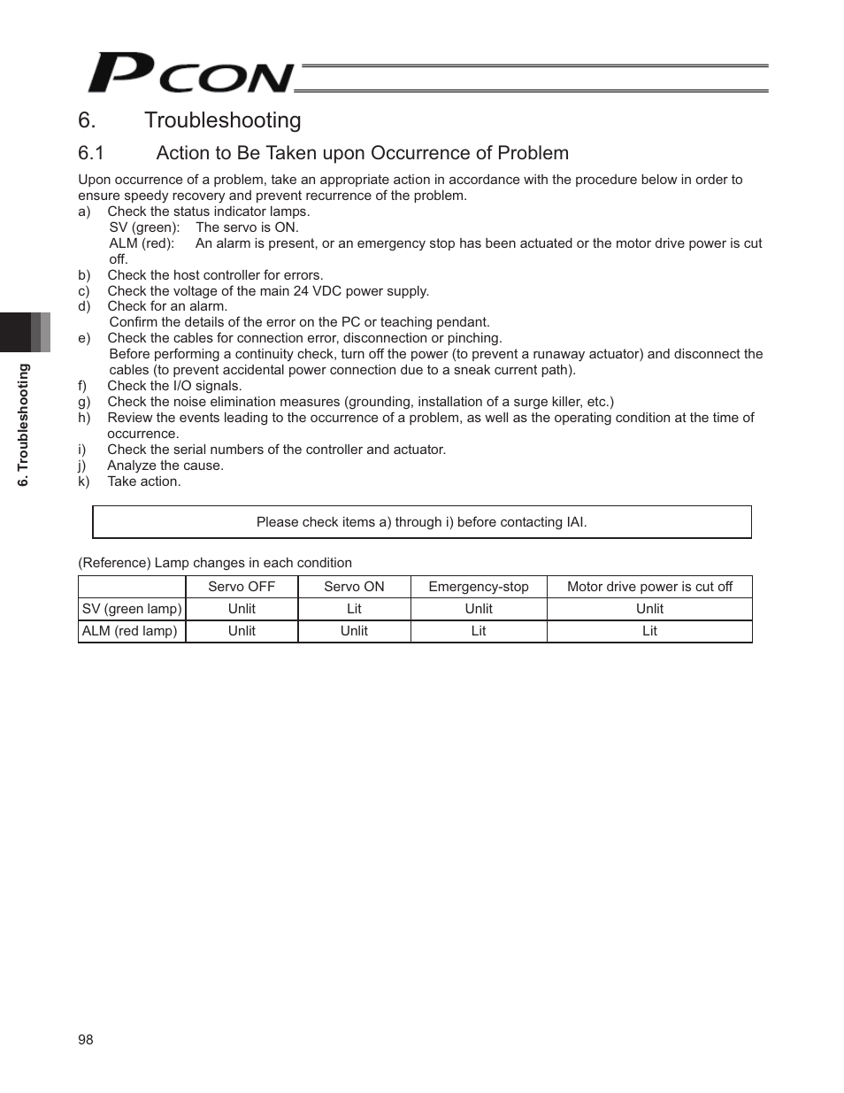 Troubleshooting, 1 action to be taken upon occurrence of problem | IAI America PCON-SE User Manual | Page 110 / 160